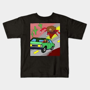 locust with lions head chasing woman in car Kids T-Shirt